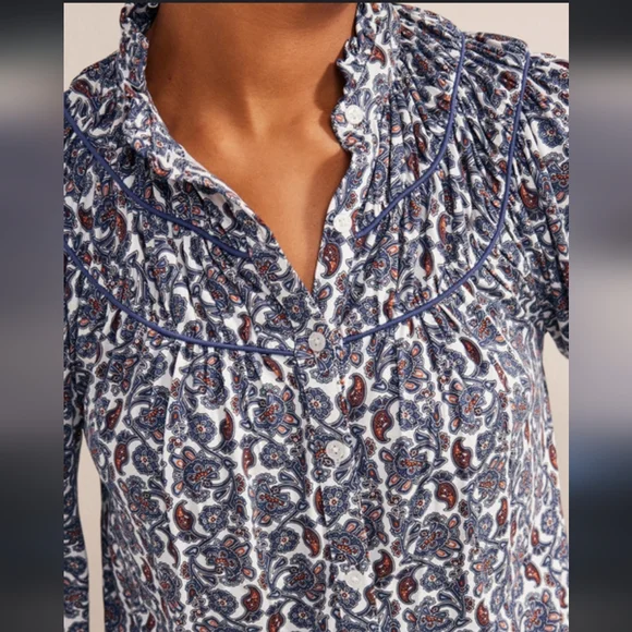 Boden Blue and White Paisley Long-Sleeve Ruffled Yoke Blouse - Picture 2 of 9